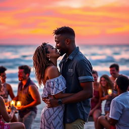 A young Black man singing to his beloved at a beach party during sunset, surrounded by several couples