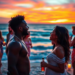 A young Black man singing to his beloved at a beach party during sunset, surrounded by several couples