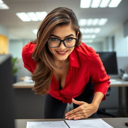 A gorgeous brunette wearing glasses is in a close-up, front view