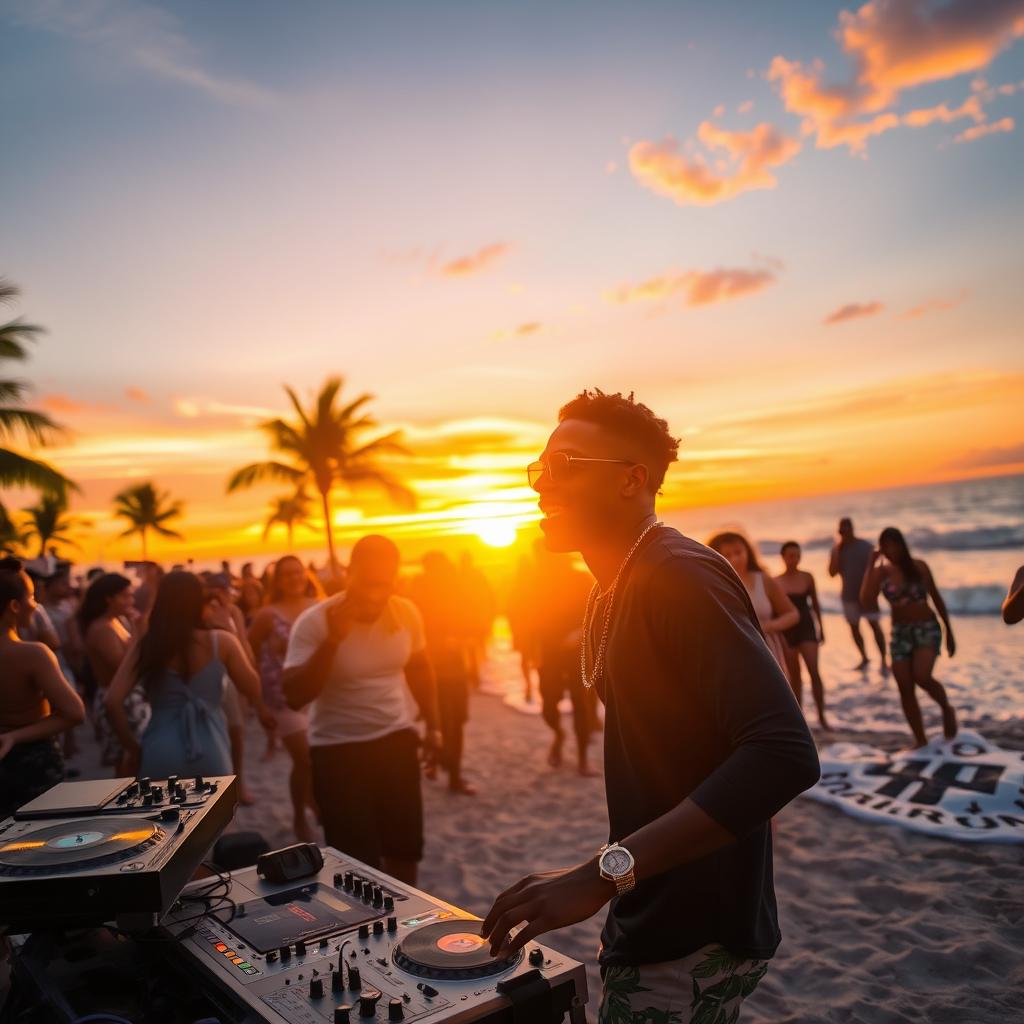 A young Black man performing energetically at a beach party with a DJ at sunset