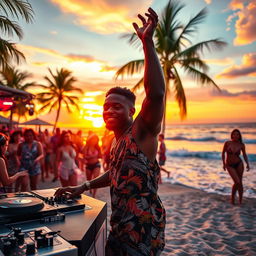 A young Black man performing energetically at a beach party with a DJ at sunset