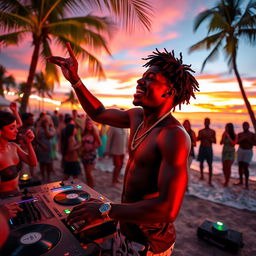 A young Black man performing energetically at a beach party with a DJ at sunset