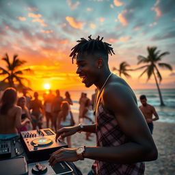 A young Black man performing energetically at a beach party with a DJ at sunset