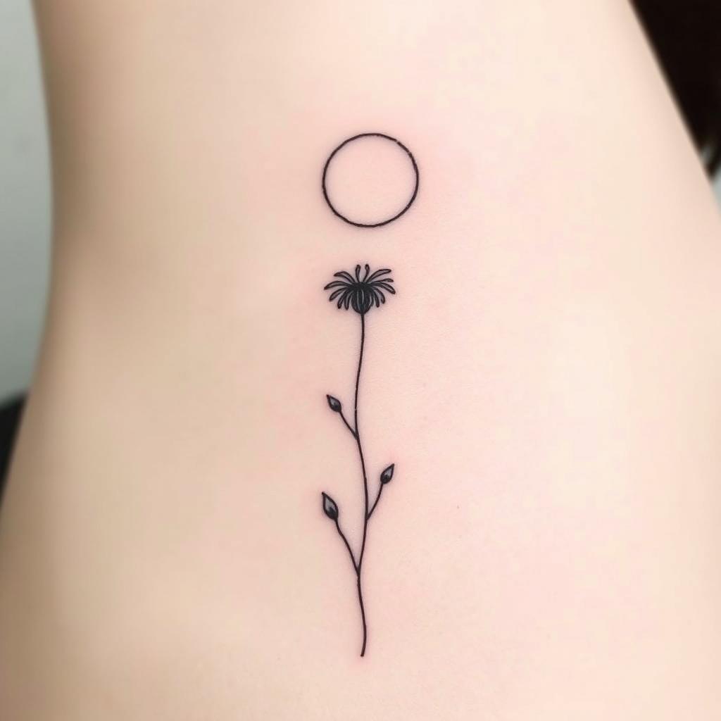 A delicate tattoo design featuring a single wildflower intricately etched in fine black lines, reaching upwards toward a circular moon