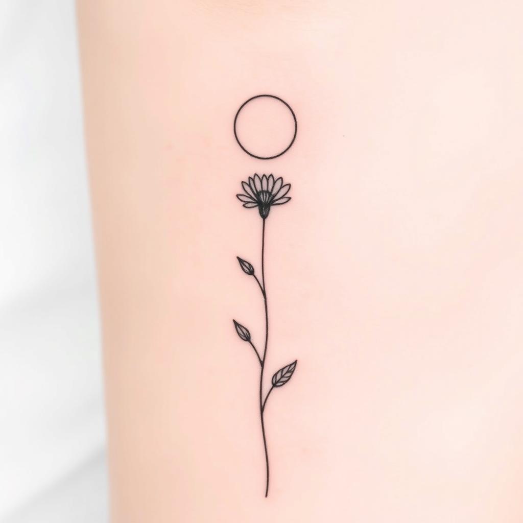 A delicate tattoo design featuring a single wildflower intricately etched in fine black lines, reaching upwards toward a circular moon