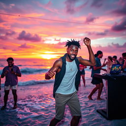 A young Black man performing energetically at a beach party with a singer and a DJ at sunset