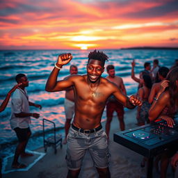 A young Black man performing energetically at a beach party with a singer and a DJ at sunset