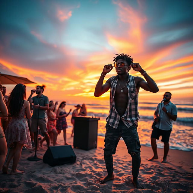 A young Black man performing energetically at a beach party with a singer and a DJ at sunset