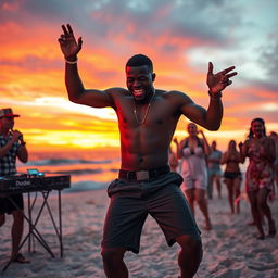 A young Black man performing energetically at a beach party with a singer and a DJ at sunset