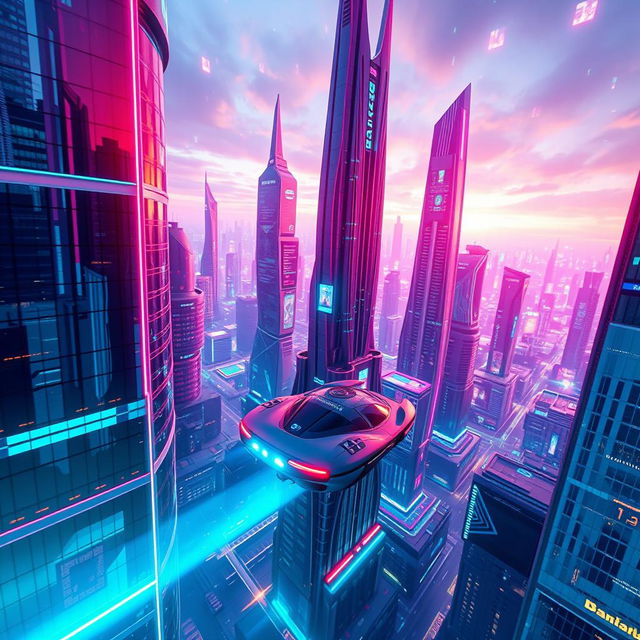 A mesmerizing 3D scene featuring futuristic architecture, showcasing sleek, towering skyscrapers in a sprawling urban landscape