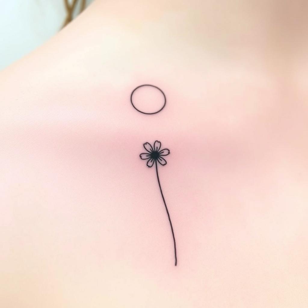 A delicate tattoo design showcasing a single pretty wildflower crafted with fine black lines, elegantly reaching upwards towards a circular moon