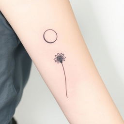 A delicate tattoo design showcasing a single pretty wildflower crafted with fine black lines, elegantly reaching upwards towards a circular moon