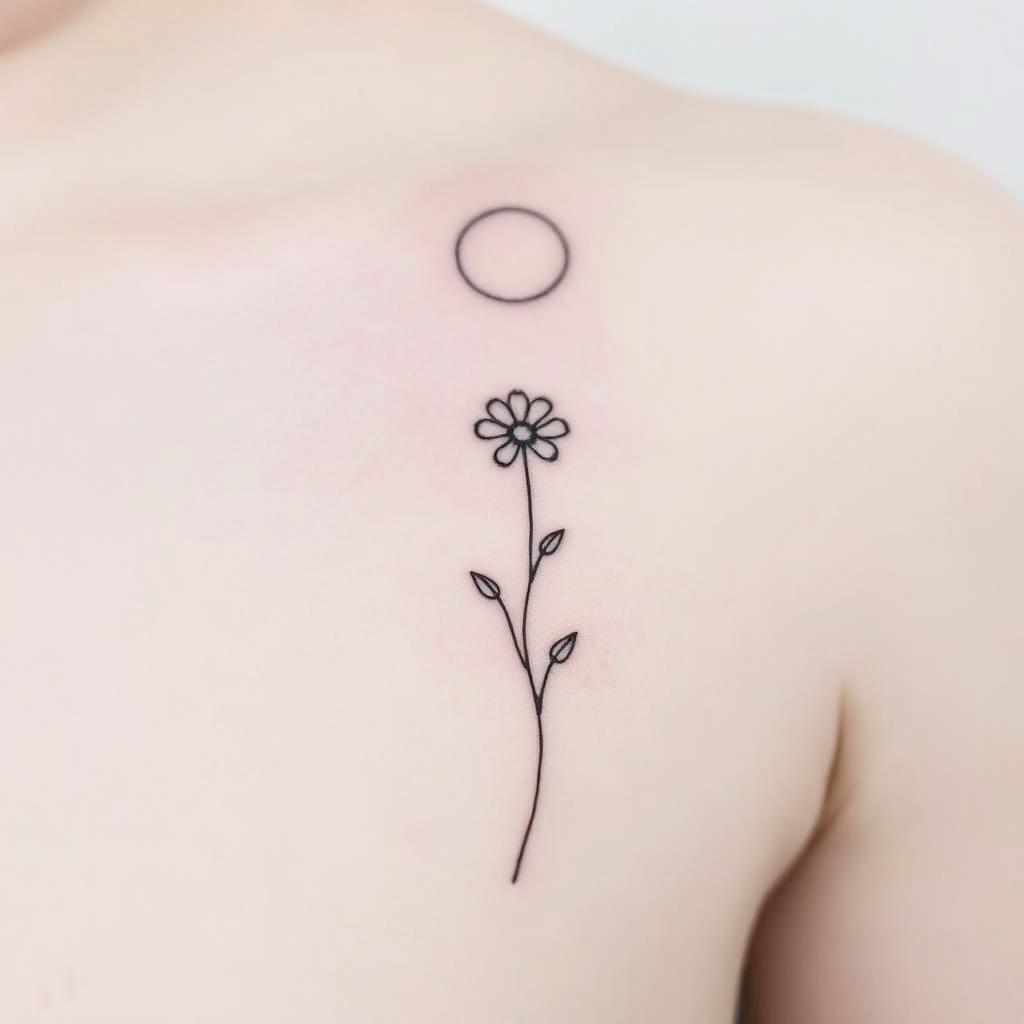 A delicate tattoo design showcasing a single pretty wildflower crafted with fine black lines, elegantly reaching upwards towards a circular moon