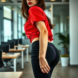 A close-up, torso shot of a stunning brunette bending over a desk in an office setting, highlighting her beautiful features and enticing posture