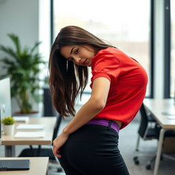 A close-up, torso shot of a stunning brunette bending over a desk in an office setting, highlighting her beautiful features and enticing posture