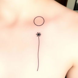 A delicate tattoo design featuring a single wildflower depicted in fine black lines, reaching upwards towards a circular moon