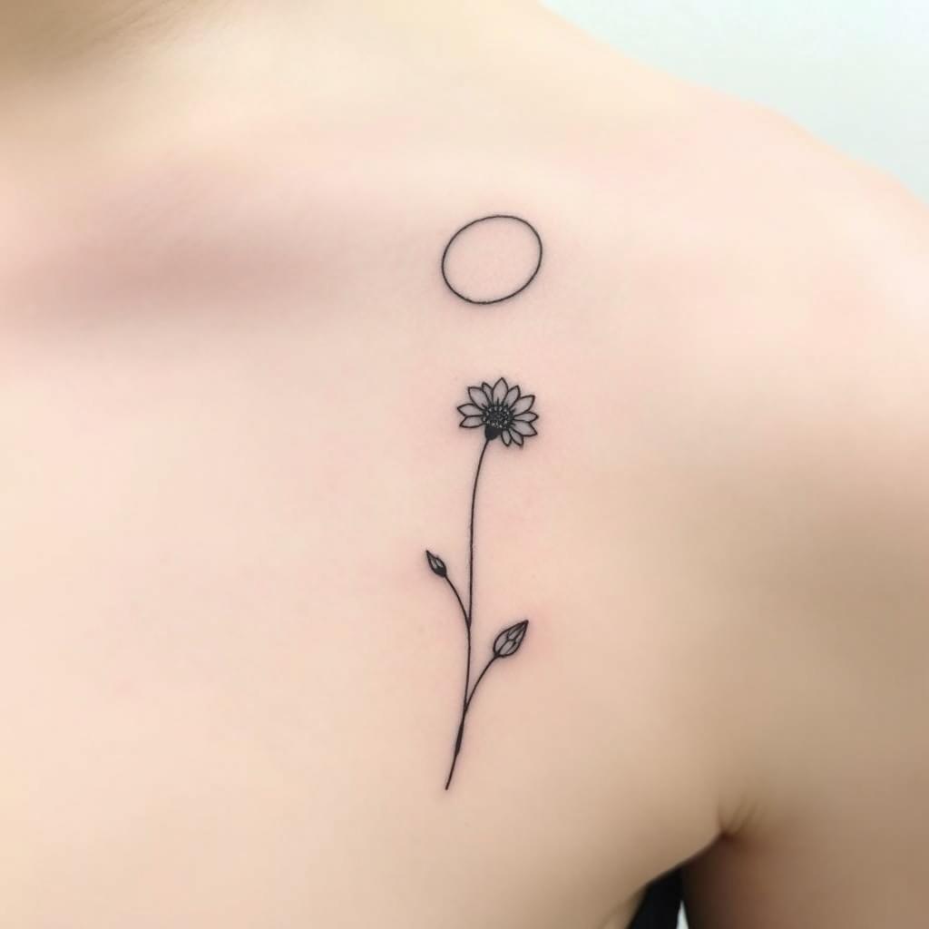 A delicate tattoo design featuring a single wildflower depicted in fine black lines, reaching upwards towards a circular moon