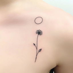 A delicate tattoo design featuring a single wildflower depicted in fine black lines, reaching upwards towards a circular moon