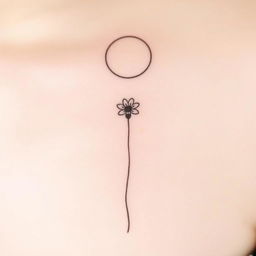 A delicate tattoo design featuring a single wildflower depicted in fine black lines, reaching upwards towards a circular moon