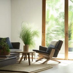 Interior design of a modern and spacious living room with stylish and minimalist furniture, accented by natural lights and indoor plants.