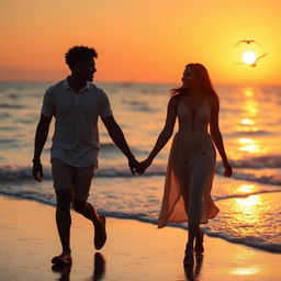 A young Black couple walking hand in hand along the shoreline at sunset