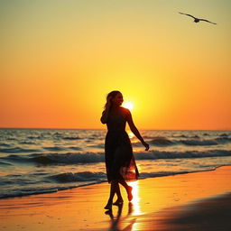 A young Black couple walking hand in hand along the shoreline at sunset