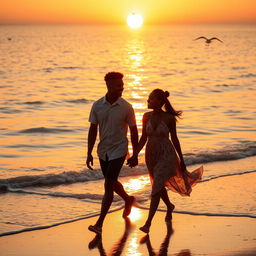 A young Black couple walking hand in hand along the shoreline at sunset