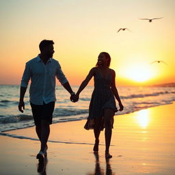 A young Black couple walking hand in hand along the shoreline at sunset