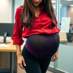 Close-up of a gorgeous brunette bending over a desk in an office setting