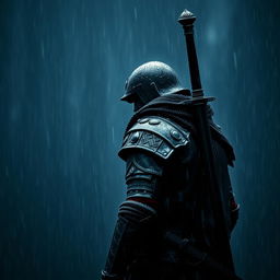 A warrior standing in the rain, with a sword on his back, enveloped in a melancholic atmosphere