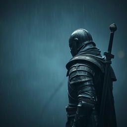 A warrior standing in the rain, with a sword on his back, enveloped in a melancholic atmosphere