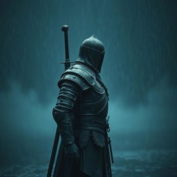 A warrior standing in the rain, with a sword on his back, enveloped in a melancholic atmosphere
