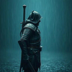 A warrior standing in the rain, with a sword on his back, enveloped in a melancholic atmosphere