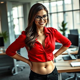 a brunette woman with a devious smile, resembling Jelena Jensen, stands in an office with her elbows on a desk, emphasizing a confident posture