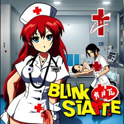 Anime-style profile picture reimagining Blink182's 'Enema of the State' album cover. Central figure is a red-haired anime girl in a white nurse's uniform with a red cross emblem. She holds an inflated blue rubber glove. Background hints at a hospital scene. Band name in stylized kanji at top and album name in English with Japanese calligraphy touch at bottom.