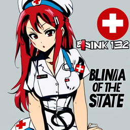 Anime-style profile picture reimagining Blink182's 'Enema of the State' album cover. Central figure is a red-haired anime girl in a white nurse's uniform with a red cross emblem. She holds an inflated blue rubber glove. Background hints at a hospital scene. Band name in stylized kanji at top and album name in English with Japanese calligraphy touch at bottom.