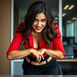 A gorgeous brunette in an office setting, captured in a close-up torso shot from the front view