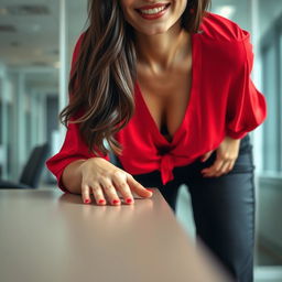 A gorgeous brunette in an office setting, captured in a close-up torso shot from the front view