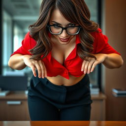 A close-up torso shot of Jelena Jensen in an office setting, captured from the front view as she leans over a desk with her elbows resting on it, showcasing her devious smile and confident posture