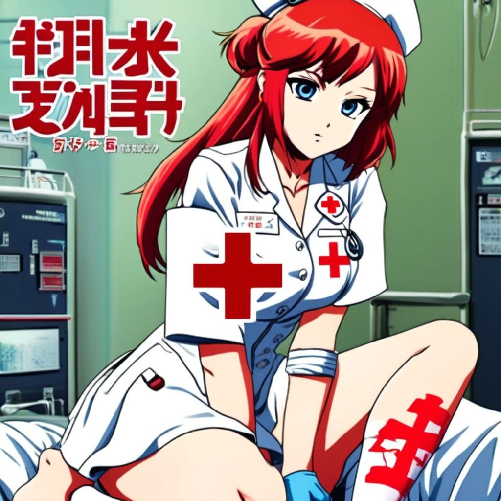 Anime-style profile picture reimagining Blink182's 'Enema of the State' album cover. Central figure is a red-haired anime girl in a white nurse's uniform with a red cross emblem. She holds an inflated blue rubber glove. Background hints at a hospital scene. Band name in stylized kanji at top and album name in English with Japanese calligraphy touch at bottom.