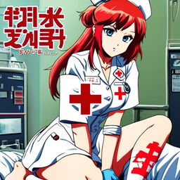 Anime-style profile picture reimagining Blink182's 'Enema of the State' album cover. Central figure is a red-haired anime girl in a white nurse's uniform with a red cross emblem. She holds an inflated blue rubber glove. Background hints at a hospital scene. Band name in stylized kanji at top and album name in English with Japanese calligraphy touch at bottom.