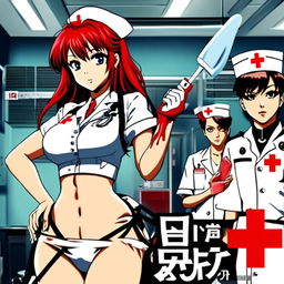 Anime-style profile picture reimagining Blink182's 'Enema of the State' album cover. Central figure is a red-haired anime girl in a white nurse's uniform with a red cross emblem. She holds an inflated blue rubber glove. Background hints at a hospital scene. Band name in stylized kanji at top and album name in English with Japanese calligraphy touch at bottom.