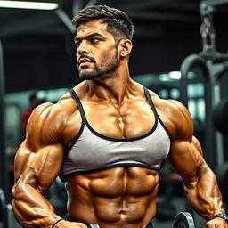 An Indian bodybuilder working out intensely, wearing a cut bra-style workout suit