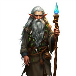 A full-body portrait of an elder firbolg druid, standing with wisdom and grace