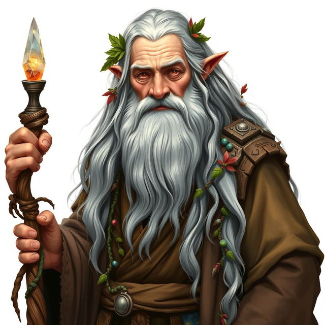 A full-body portrait of an elder firbolg druid, standing with wisdom and grace