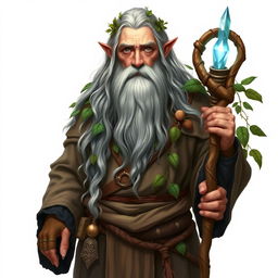 A full-body portrait of an elder firbolg druid, standing with wisdom and grace