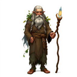 A full-body portrait of an elder firbolg druid, standing with wisdom and grace