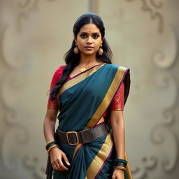 An Indian bodyguard who is a girl, elegantly dressed in a traditional saree