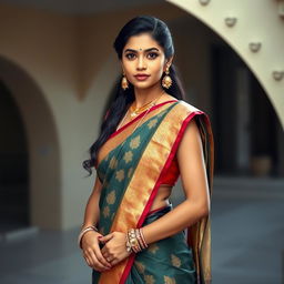 An Indian bodyguard who is a girl, elegantly dressed in a traditional saree