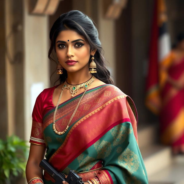 An Indian bodyguard who is a girl, elegantly dressed in a traditional saree